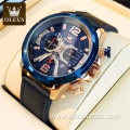 OLEVS 9915 Fashion Casual Luxury Sport Watches for Men Blue Leather Wrist Watch Waterproof Man Clock Alloy Chronograph Quartz